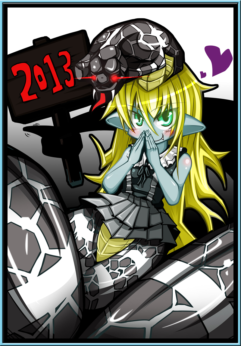 1girl 2013 blonde_hair blue_skin chinese_zodiac duel_monster fang gothic_lolita green_eyes lamia lolita_fashion monster_girl pointy_ears red_eyes reptilianne_naga snake spirit-edge yuu-gi-ou