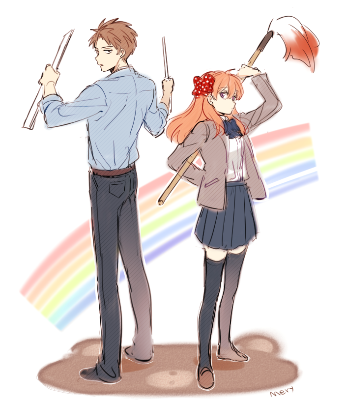 1boy 1girl apfl0515 art_brush artist_name back-to-back black_legwear blue_bow bow bowtie brown_eyes brown_hair gekkan_shoujo_nozaki-kun giant_brush hair_bow holding hori_masayuki long_hair long_sleeves looking_at_viewer orange_hair paintbrush pleated_skirt polka_dot polka_dot_bow rainbow ruler sakura_chiyo school_uniform short_hair skirt standing tanuki thigh-highs violet_eyes zettai_ryouiki