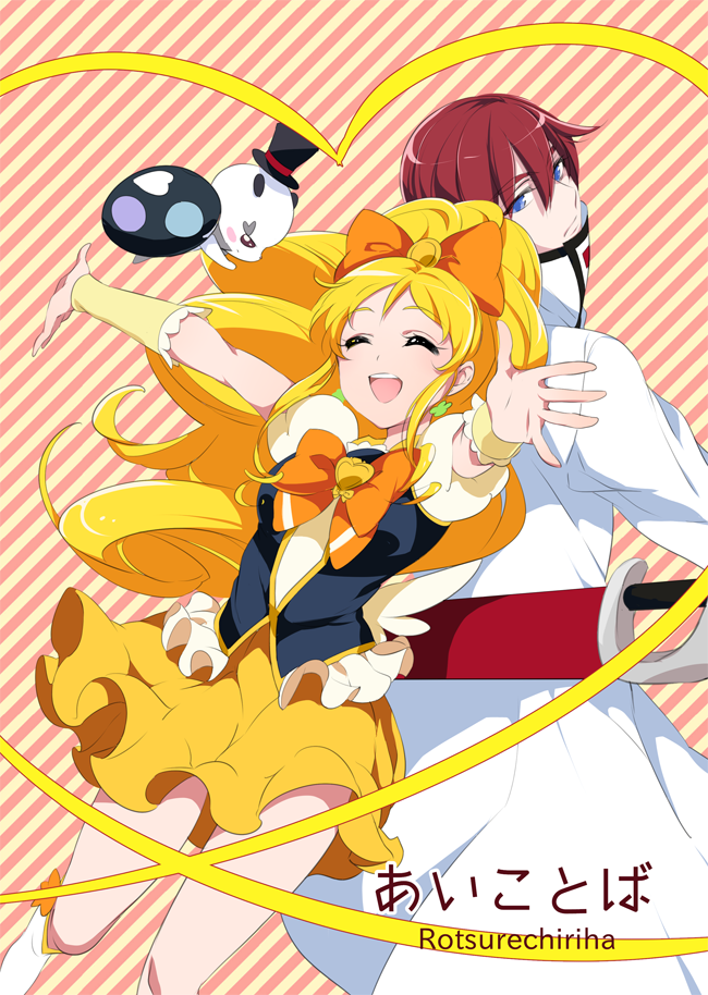 1boy 1girl blonde_hair blue_eyes bow brooch chiyo_(rotsurechiriha) closed_eyes coat creature cure_honey dual_persona earrings hair_bow happinesscharge_precure! jewelry long_hair oomori_yuuko outstretched_arms phanphan_(happinesscharge_precure!) phantom_(happinesscharge_precure!) precure redhead ribbon skirt smile spoilers spread_arms striped striped_background sword weapon wrist_cuffs yellow_skirt
