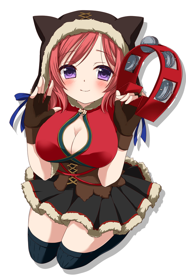 alternate_breast_size alternate_costume breasts christmas cleavage_cutout fingerless_gloves from_above gazzetta_masuda gloves large_breasts looking_at_viewer love_live!_school_idol_festival love_live!_school_idol_project miniskirt nishikino_maki redhead seiza short_hair sitting skirt smile violet_eyes