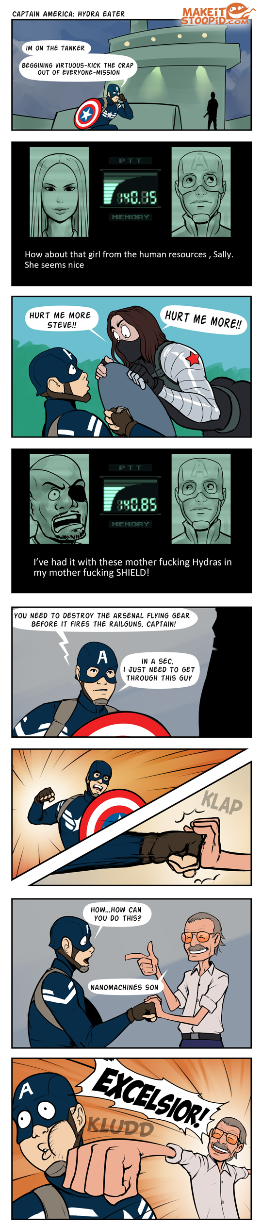 absurdres black_widow captain_america captain_america_the_winter_soldier highres israel_espinoza james_buchanan_barnes long_image marvel metal_gear_(series) metal_gear_rising:_revengeance metal_gear_solid metal_gear_solid_2 metal_gear_solid_3 natasha_romanoff nick_fury parody shield spoilers stan_lee steve_rogers superhero tall_image winter_soldier