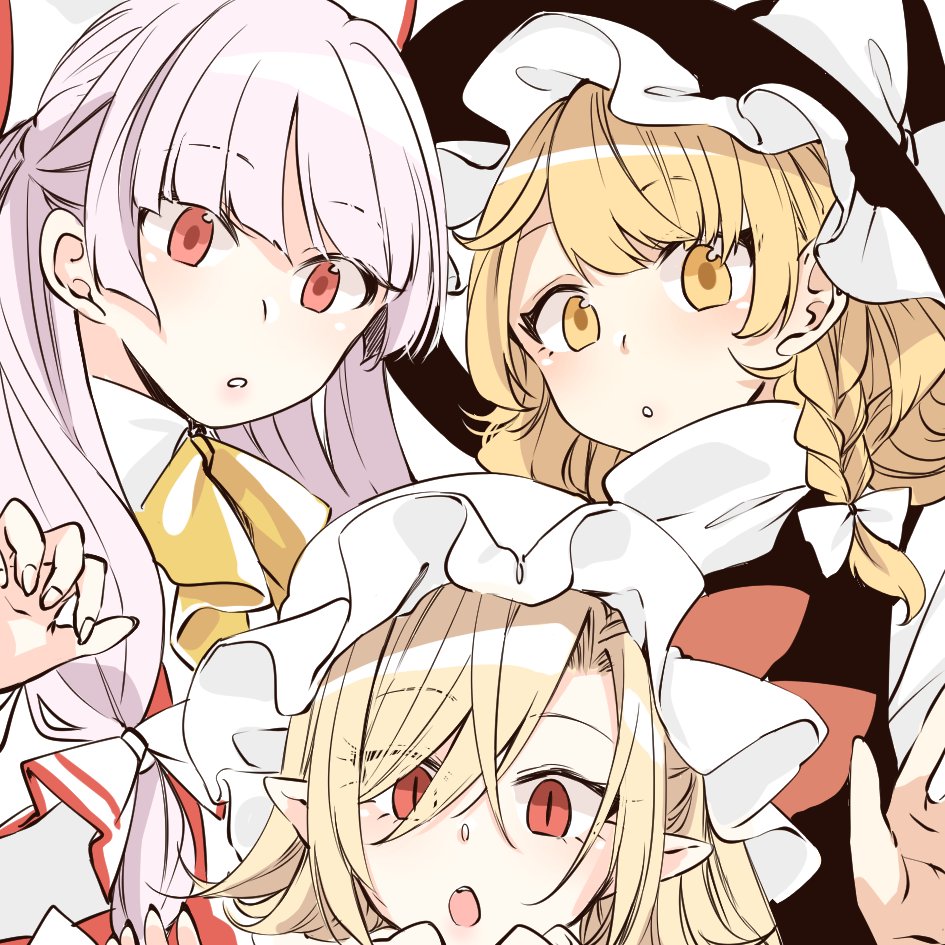 3girls :o bangs black_hat black_vest blonde_hair bow bowtie braid eyebrows_visible_through_hair eyelashes flandre_scarlet fujiwara_no_mokou hair_between_eyes hair_bow hat hat_bow hat_ribbon kirisame_marisa looking_at_viewer mob_cap multiple_girls parted_lips pointy_ears red_eyes red_ribbon ribbon shirt silver_hair simple_background single_braid slit_pupils souta_(karasu_no_ouchi) touhou upper_body vest white_background white_bow white_hat white_shirt witch_hat yellow_bow yellow_eyes yellow_neckwear