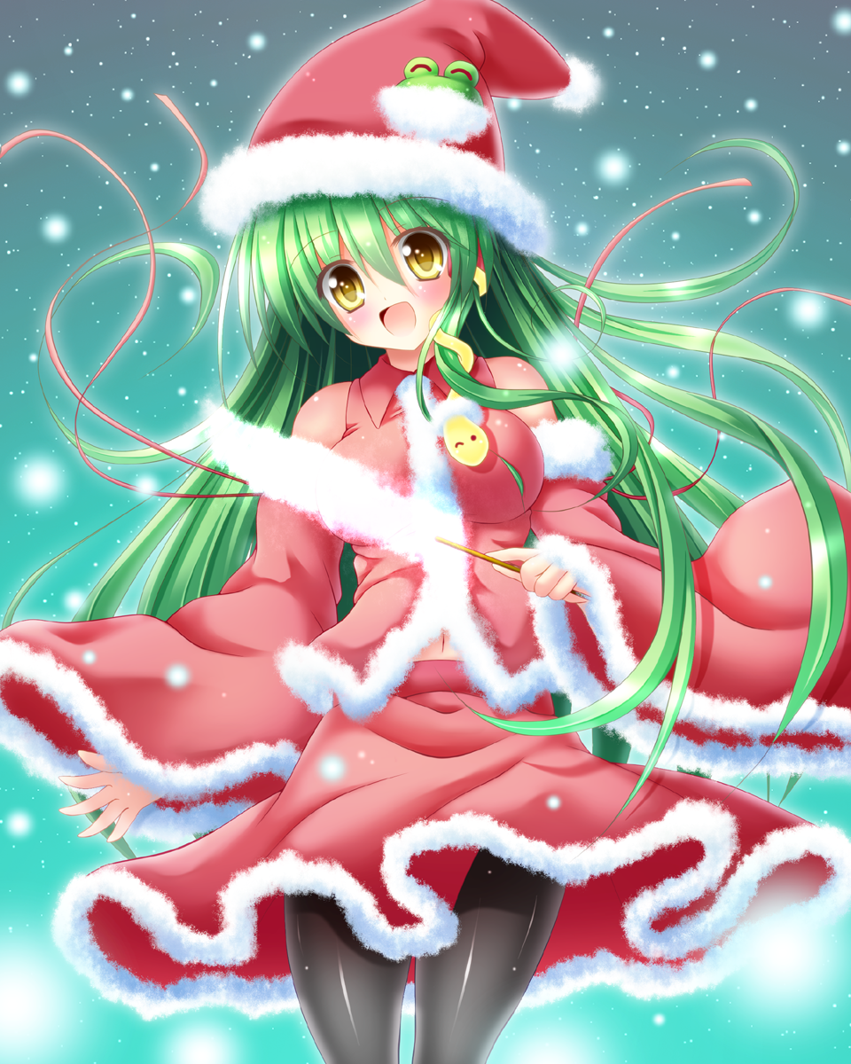 1girl ^_^ adapted_costume bare_legs beard closed_eyes detached_sleeves expressive_clothes facial_hair frog_hair_ornament gohei green_hair hair_ornament hair_tubes hat highres kochiya_sanae long_hair one_eye_closed open_mouth osashin_(osada) pantyhose santa_costume santa_hat skirt skirt_set smile snake_hair_ornament solo touhou yellow_eyes