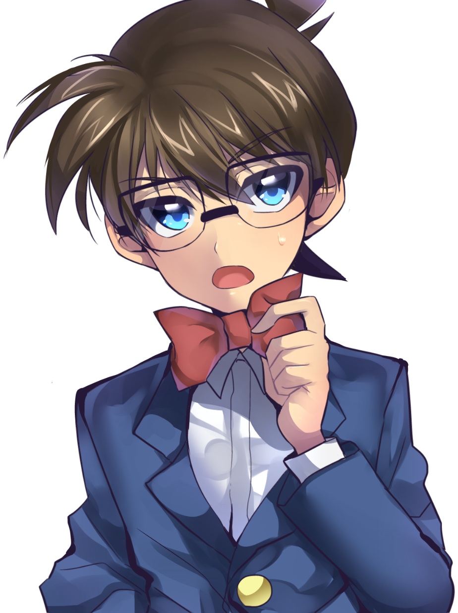 1boy blue_eyes bowtie brown_hair bust edogawa_conan face glasses highres looking_at_viewer maian male_focus meitantei_conan open_mouth short_hair simple_background solo