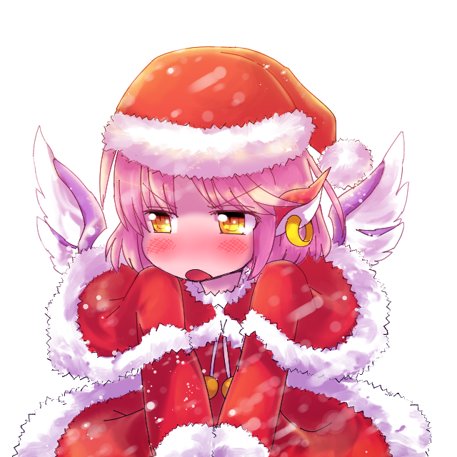 1girl alternate_eye_color animal_ears averting_eyes blush capelet christmas ear_piercing fur_trim hat ini_phm mystia_lorelei no_nose piercing pink_hair santa_costume santa_hat solo touhou v_arms white_background wings yellow_eyes