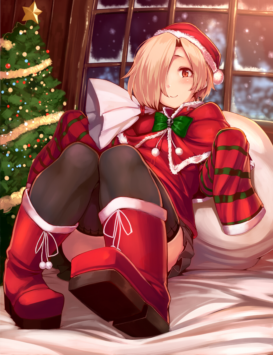 1girl bags_under_eyes black_legwear blonde_hair blush boots brown_eyes christmas christmas_tree earrings hair_over_one_eye hat highres idolmaster idolmaster_cinderella_girls jewelry looking_at_viewer sack santa_costume santa_hat shiokonbu shirasaka_koume short_hair sitting sleeves_past_wrists smile solo thigh-highs