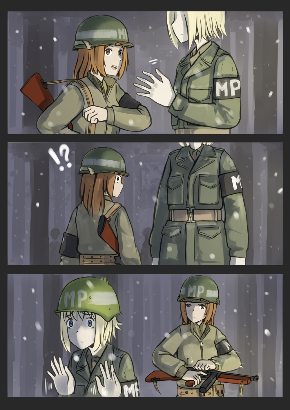 !? 2girls 3koma armband blue_eyes brown_eyes caught comic commentary erica_(naze1940) forest gun helmet highres long_hair looking_at_another military military_uniform multiple_girls nature original police short_hair sling smile snow snowing soldier submachine_gun thompson_submachine_gun uniform waving weapon world_war_ii