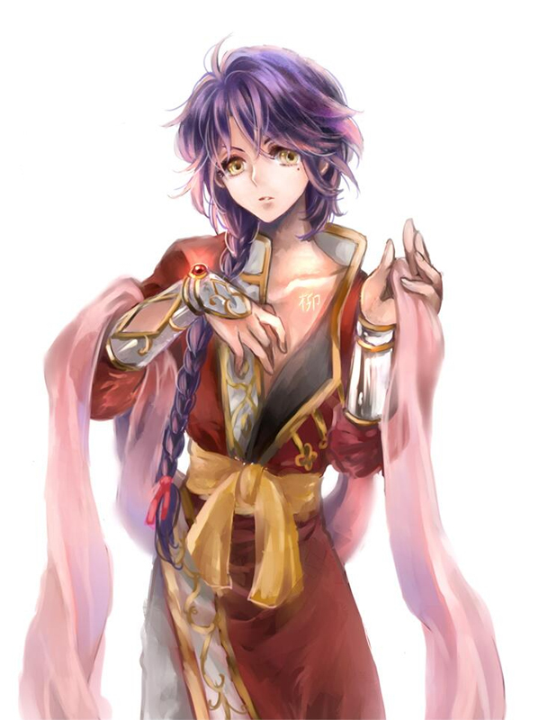 1boy braid fushigi_yuugi j-peg long_hair male_focus mole nuriko_(fushigi_yuugi) purple_hair ribbon single_braid solo yellow_eyes