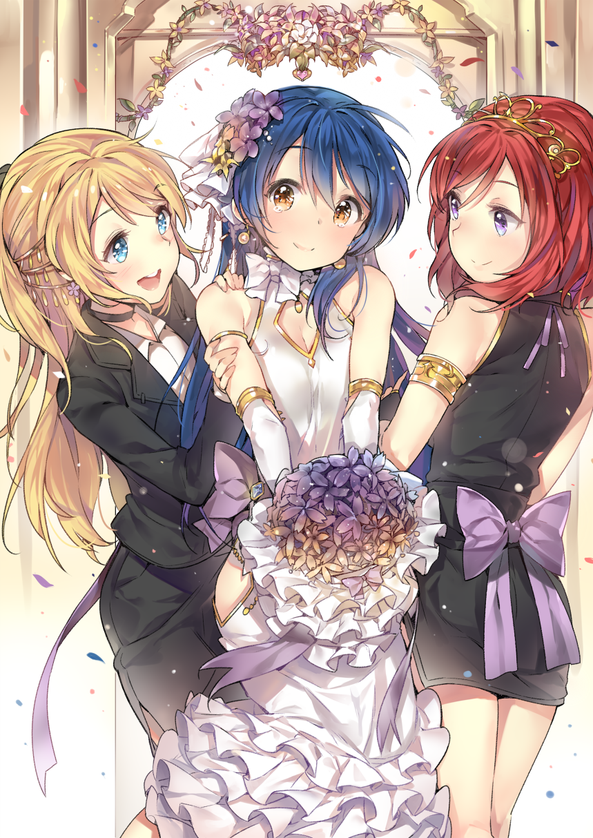 1girl 3girls ayase_eli bare_shoulders blonde_hair blue_eyes blue_hair blush bouquet choker cleavage_cutout cozyquilt earrings elbow_gloves flower formal gloves highres jewelry long_hair love_live!_school_idol_project multiple_girls nishikino_maki redhead short_hair skirt_suit smile solo sonoda_umi suit violet_eyes yellow_eyes