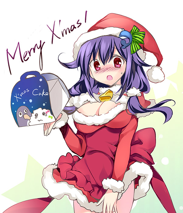 1girl alternate_costume blush breasts cleavage failure_penguin hat kantai_collection large_breasts long_hair looking_at_viewer low_twintails no_panties purple_hair red_eyes rei_(rei's_room) santa_costume santa_hat simple_background solo taigei_(kantai_collection) twintails whale_hair_ornament white_background