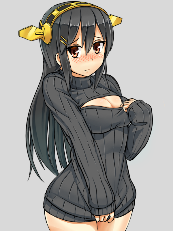 1girl alternate_costume black_hair blush breasts brown_eyes cleavage cleavage_cutout cowboy_shot embarrassed grey_background hair_ornament hairclip hand_on_own_chest haruna_(kantai_collection) headgear kantai_collection long_hair looking_at_viewer open-chest_sweater ribbed_sweater seraphwia simple_background sleeves_past_wrists solo sweater sweater_tug turtleneck