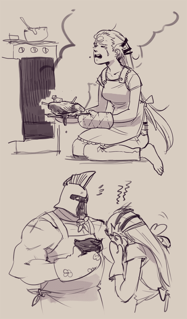 1boy 1girl apron chicken_(food) crying diana_(league_of_legends) food gloves helmet holding league_of_legends muscle pantheon_(league_of_legends) scar simple_background sketch stove suqling