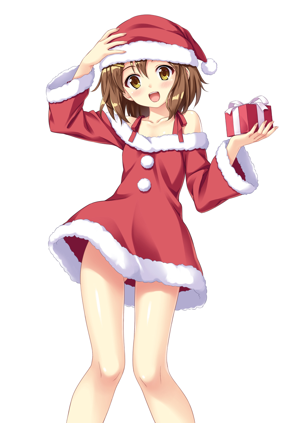 1girl brown_eyes brown_hair gift hat highres hirasawa_yui k-on! santa_costume santa_hat short_hair standing tomifumi