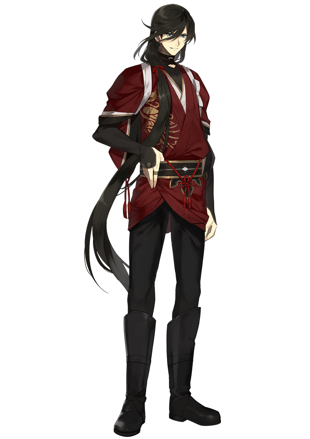 1boy alternate_costume alternate_hairstyle blue_eyes boots brown_hair full_body highres izumi-no-kami_kanesada japanese_clothes jewelry long_hair looking_at_viewer male_focus official_art ponytail ring shiramine_(srmn09) simple_background solo standing touken_ranbu transparent_background very_long_hair