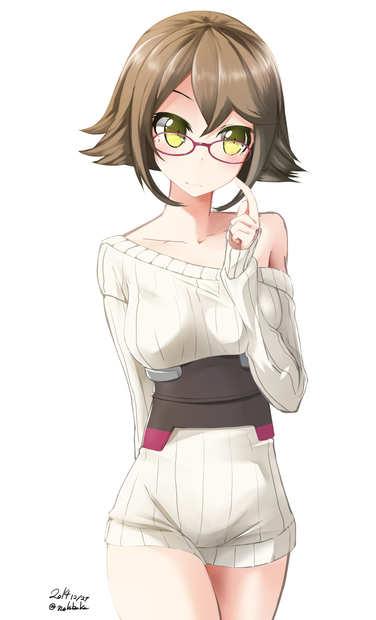 1girl alternate_costume arm_behind_back bespectacled blush brown_hair cowboy_shot dated glasses highres kantai_collection mutsu_(kantai_collection) nekobaka off_shoulder red-framed_glasses ribbed_sweater short_hair simple_background solo sweater twitter_username white_background yellow_eyes