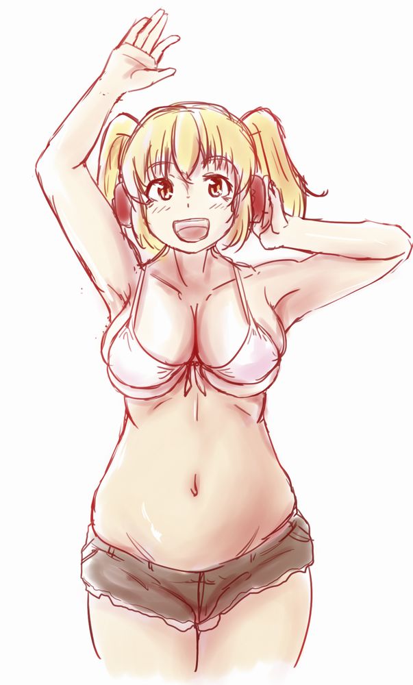 1girl arm_up armpits bikini_top blonde_hair blush breasts cleavage headphones huge_breasts looking_at_viewer navel nitroplus open_mouth orange_eyes plump shigekikkusu short_hair short_shorts shorts smile solo super_pochaco swimsuit twintails white_swimsuit