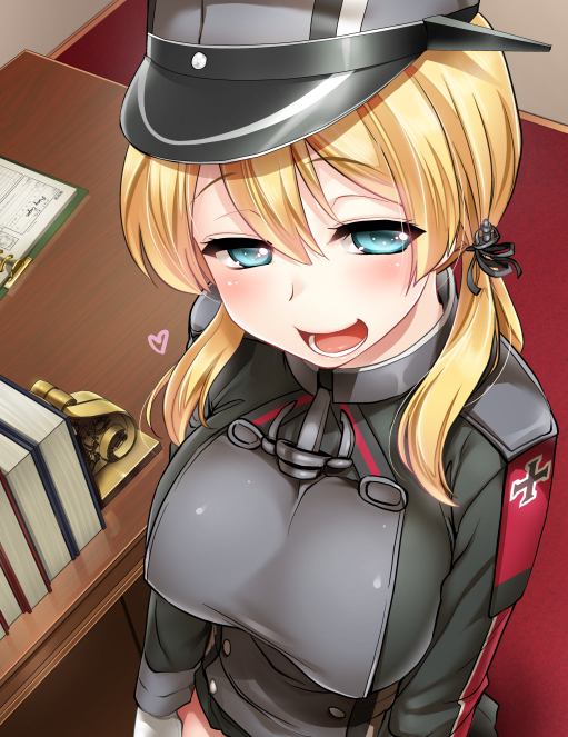 1girl anchor_hair_ornament black_ribbon black_skirt blonde_hair blue_eyes blush book breasts desk from_above gloves hair_ornament hair_ribbon hat heart hijiri_tsukasa impossible_clothes iron_cross kantai_collection large_breasts long_hair long_sleeves microskirt military military_uniform open_mouth peaked_cap prinz_eugen_(kantai_collection) ribbon skirt smile smug solo twintails uniform white_gloves