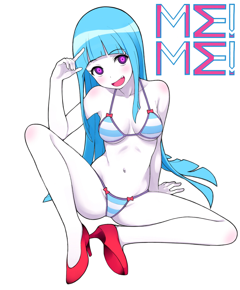 1girl bikini blue_hair breasts large_breasts long_hair looking_at_viewer me!me!me! meme_(me!me!me!) navel nnyu open_mouth pumps sitting smile solo spread_legs striped striped_bikini striped_swimsuit swimsuit very_long_hair violet_eyes