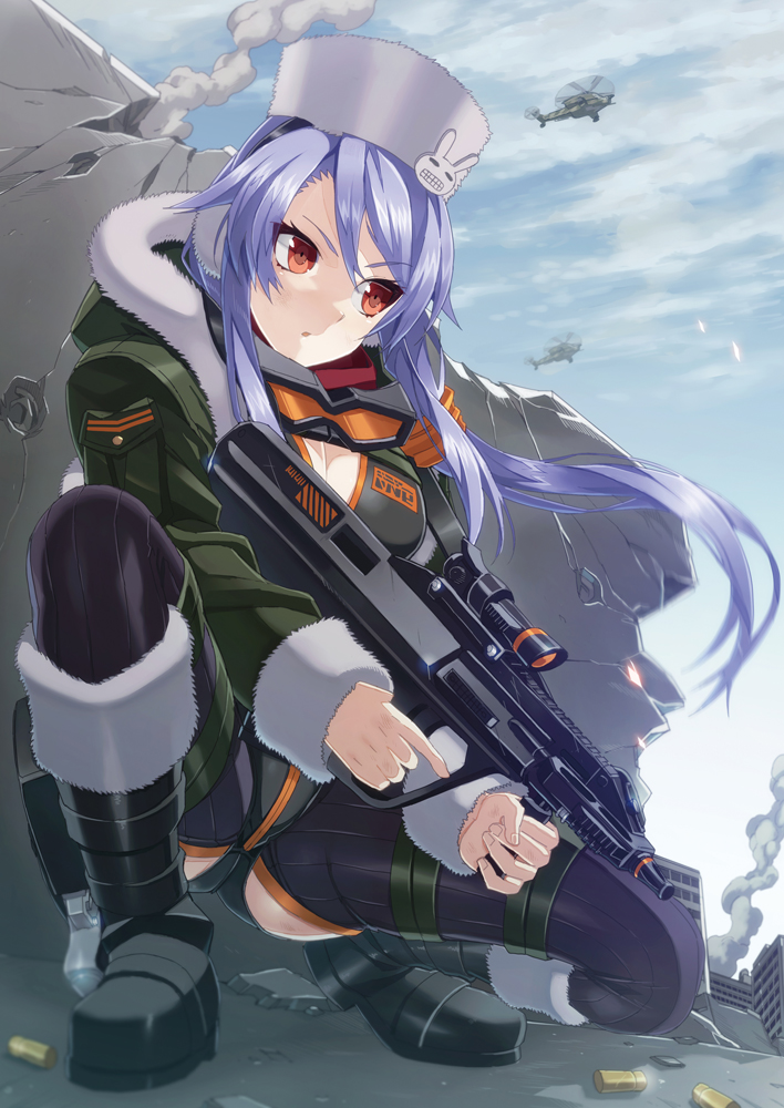 1girl battlefield_(series) battlefield_4 boots breasts cleavage clouds fur_hat goggles goggles_around_neck gun hat helicopter is_ii long_hair one_knee purple_hair red_eyes ribbed_legwear sky solo taking_cover thigh-highs trigger_discipline vertical_foregrip weapon