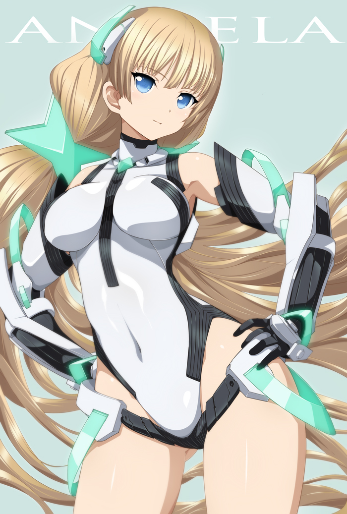 1girl angela_balzac blonde_hair blue_eyes bodysuit breasts covered_navel expelled_from_paradise hands_on_hips jet_yowatari light_smile long_hair solo thighs