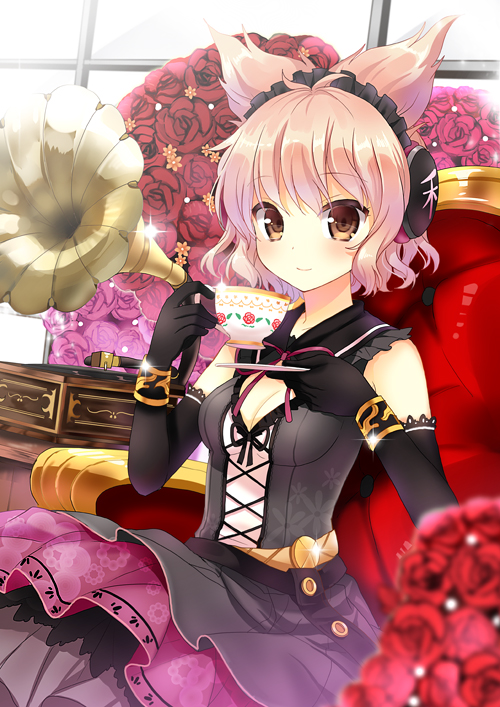1girl album_cover alternate_costume belt black_dress black_gloves blonde_hair bracelet breasts brown_eyes chair cleavage cover cup dress elbow_gloves flower gloves hairband headphones jewelry kurot lolita_hairband phonograph red_rose rose sitting sleeveless sleeveless_dress smile solo teacup touhou toyosatomimi_no_miko