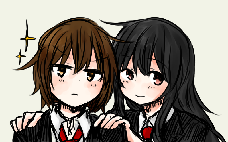 &gt;:( 2girls black_hair blazer blush brown_hair collared_shirt frown hands_on_another's_shoulders hatsushimo_(kantai_collection) kantai_collection long_hair multiple_girls orange_eyes pink_eyes short_hair simple_background smile sparkle star_(yoiroro) wakaba_(kantai_collection) white_background