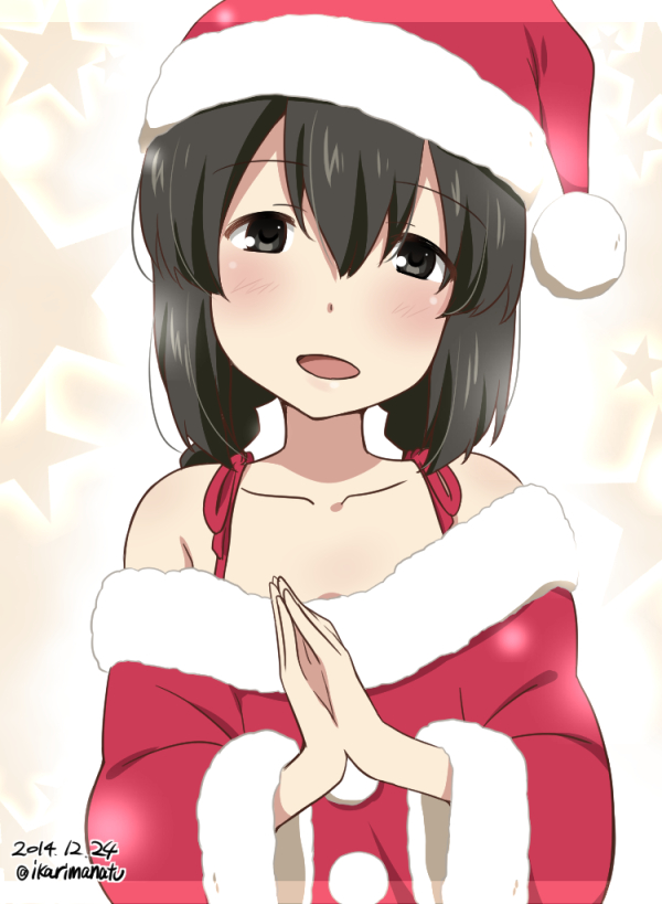 1girl alternate_costume bare_shoulders black_eyes black_hair blush braid bust christmas collarbone dated fur_trim hair_between_eyes hands_together hat ikari_manatsu isonami_(kantai_collection) kantai_collection looking_at_viewer santa_costume santa_hat solo twin_braids