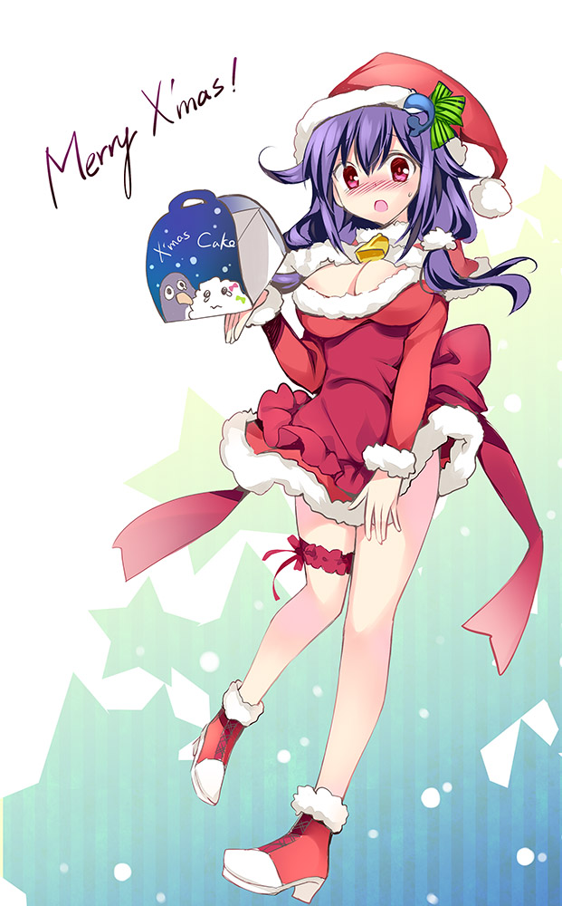 1girl alternate_costume blush breasts cleavage failure_penguin full_body hat kantai_collection large_breasts long_hair looking_at_viewer low_twintails no_panties purple_hair red_eyes rei_(rei's_room) revision santa_costume santa_hat simple_background solo taigei_(kantai_collection) twintails whale_hair_ornament white_background