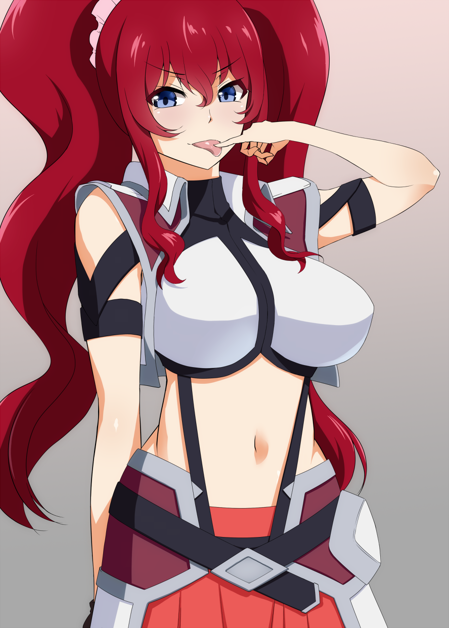 1girl arm_ribbon arm_up blue_eyes breasts cross_ange finger_to_mouth highres hilda_(cross_ange) large_breasts long_hair looking_at_viewer mattari_yufi midriff navel redhead shirt skirt solo tongue tongue_out twintails very_long_hair