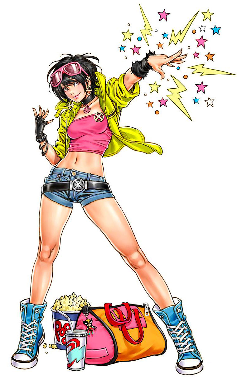 bag bangs bare_legs belt belt_buckle beltskirt black_gloves black_hair bracelet breasts brown_eyes bucket chibi_inset choker converse cross-laced_footwear cup denim denim_shorts drink drinking_straw duffel_bag earrings fighting_stance fingerless_gloves fingernails food full_body gloves high_collar high_tops highres hip_bones jacket jewelry jubilee keychain leather leather_jacket legs light_smile lightning_bolt lipstick long_fingernails looking_at_viewer makeup marvel messy_hair midriff navel open_clothes open_jacket outstretched_arm pendant pink_lipstick popcorn shoes short short_hair short_shorts shorts simple_background single_glove sleeves_rolled_up smile sneakers spread_legs star sunglasses sunglasses_on_head superhero taut_clothes taut_shirt tubetop very_short_hair white_background wolverine wristband x-men yamashita_shun'ya zipper