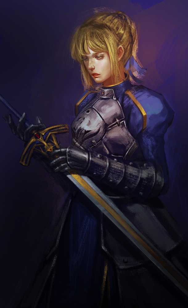 1girl ahoge armor armored_dress blonde_hair caliburn cokey dress excalibur fate/stay_night fate_(series) gauntlets realistic saber solo sword weapon