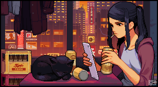 alcohol animated animated_gif bangs beer beer_bottle beer_can black_cat black_hair can cat cigarette julianne_stingray long_hair pixel_art rain reading shroedinger sidelocks smoke twintails va-11_hall-a window
