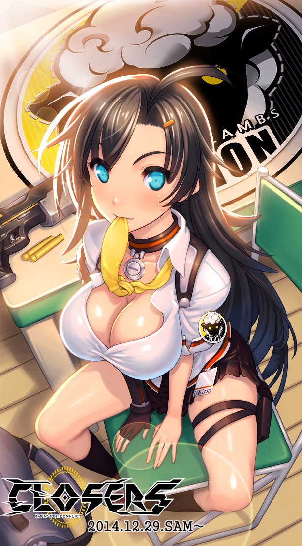 1girl black_hair blue_eyes breasts chain cleavage closers collarbone ecell fingerless_gloves gloves gun hair_ornament hairclip large_breasts light_smile long_hair looking_at_viewer mouth_hold shotgun sitting solo thighs very_long_hair weapon yuri_seo