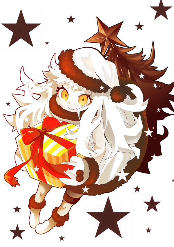 1girl box carrying christmas_tree dress gift gift_box hat kantai_collection long_hair looking_at_viewer mittens northern_ocean_hime santa_hat shimesaba_(masuraoburi) shinkaisei-kan smile solo star white_dress white_hair white_skin