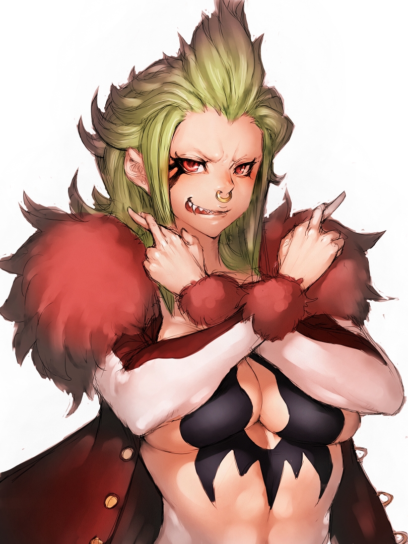 1girl bartolomeo breasts crossed_arms female fumio_(rsqkr) genderswap green_hair large_breasts long_hair looking_at_viewer navel nose_ring one_piece red_eyes sharp_teeth simple_background solo white_background
