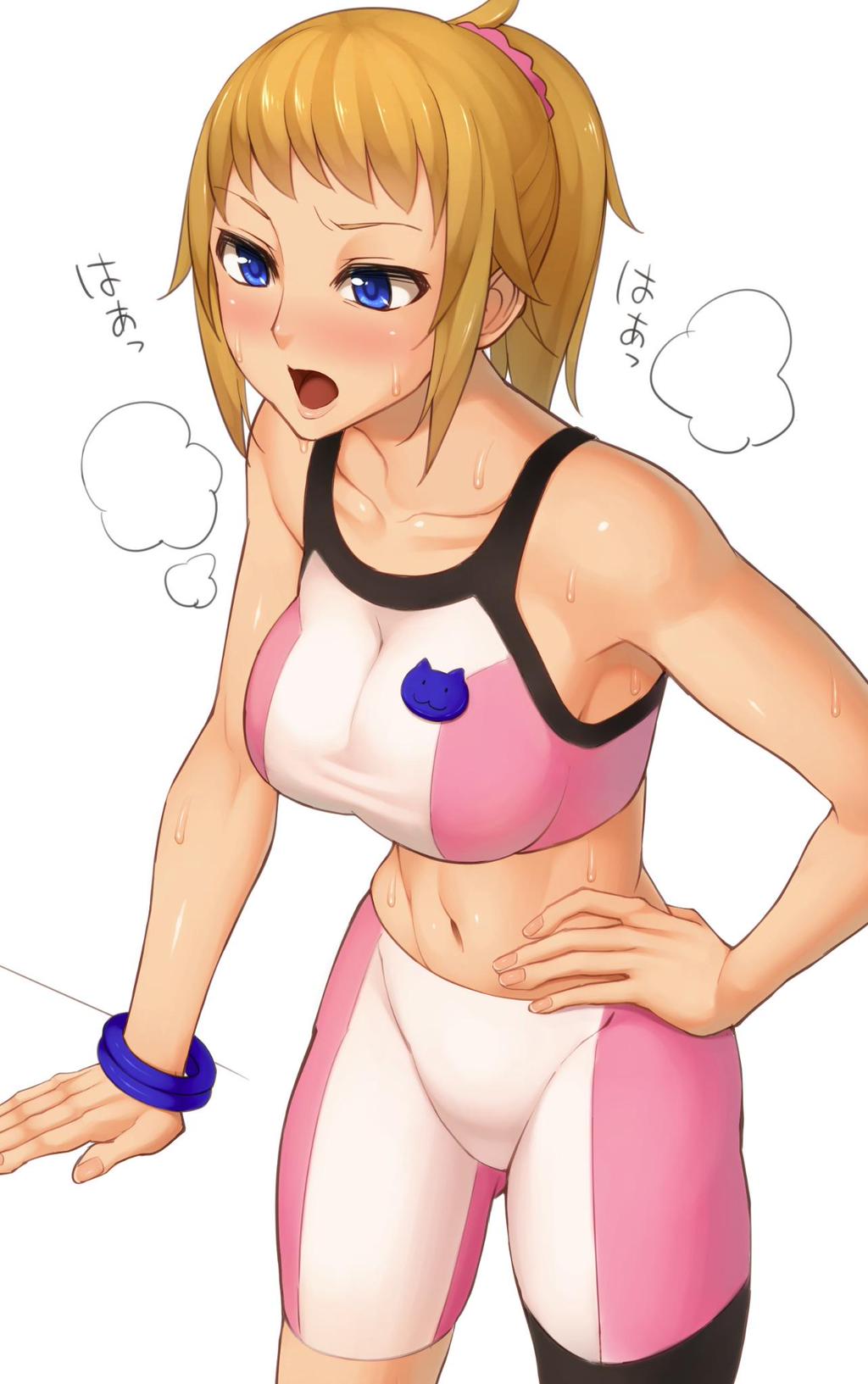 1girl bike_shorts blonde_hair blue_eyes blush bracelet cat cowboy_shot gundam gundam_build_fighters gundam_build_fighters_try hand_on_hip highres hoshino_fumina hot jewelry kedama_keito long_hair navel open_mouth ponytail simple_background solo sports_bra sweat sweating taut_clothes white_background