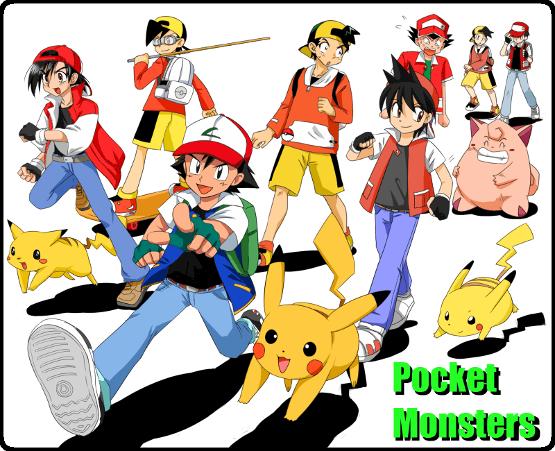 6+boys akai_isamu_(pokemon) backpack bag baseball_cap black_border border clefairy copyright_name dengeki!_pikachu english fingerless_gloves fishing_rod gloves gold_(pokemon) hat kenta_(pokemon) male_focus multiple_boys multiple_persona pikachu pocket_monsters_(manga) pointing pokemon pokemon_(anime) pokemon_(creature) pokemon_(game) pokemon_special purin_(pinkcotton) red_(pokemon) running satoshi_(pokemon) satoshi_(pokemon)_(classic) simple_background walking white_background