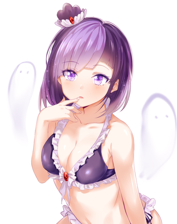 1girl apfl0515 bangs bikini blackberry_cookie blunt_bangs blush breasts brooch cleavage cookie_run ghost hat jewelry looking_at_viewer multicolored_hair purple_hair short_hair solo swimsuit two-tone_hair violet_eyes