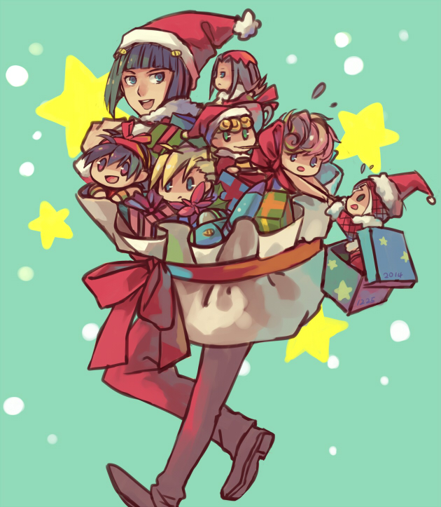 black_hair bruno_bucciarati chibi christmas derarittoo gift giorno_giovanna guido_mista hat jojo_no_kimyou_na_bouken leone_abbachio narancia_ghirga pannacotta_fugo ribbon sack santa_costume santa_hat star trish_una