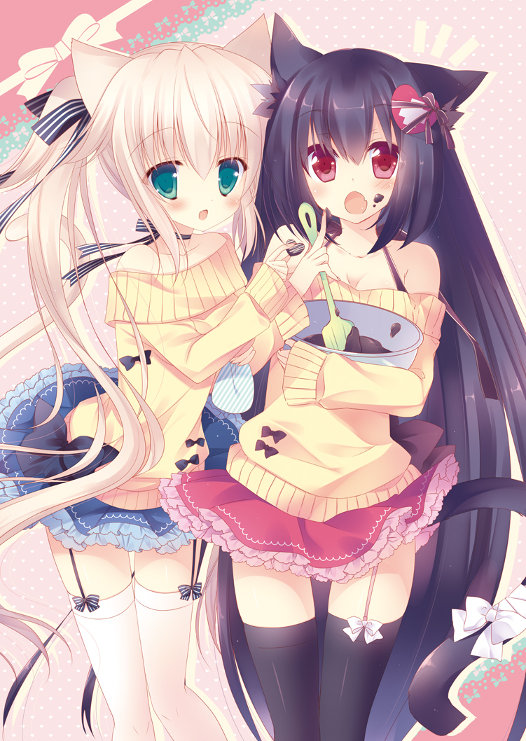 animal_ears bare_shoulders black_hair blonde_hair blush bow cat_ears cat_tail chocolate chocolate_heart chocolate_on_face choker fang frilled_skirt garter_straps green_eyes hair_ornament hair_ribbon heart heart_hair_ornament long_hair mixing_bowl original red_eyes ribbon ribbon_choker skirt smile spatula sumii sweater tail thigh-highs twintails very_long_hair zettai_ryouiki