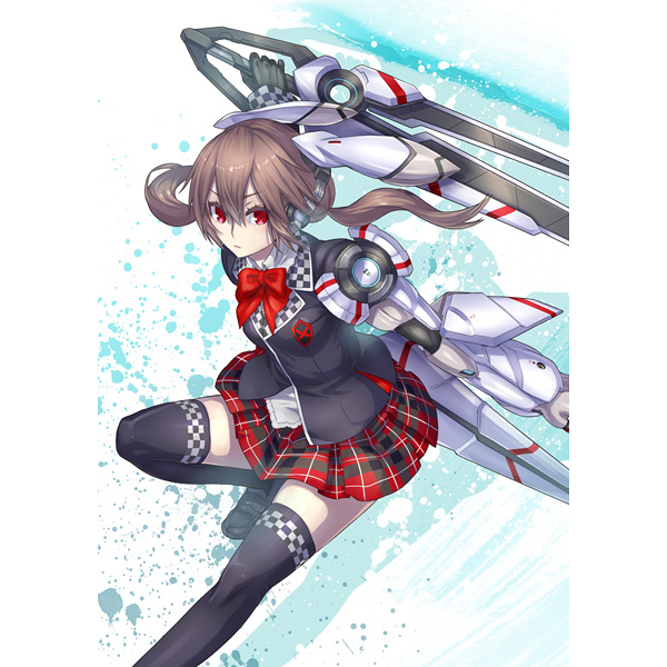 1girl 2d bowtie brown_hair mecha_musume mechanical_arm red_eyes school_uniform sword thigh-highs twintails weapon