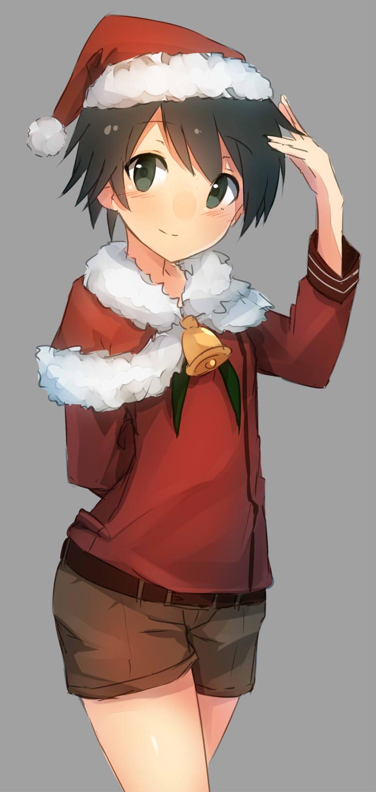 1girl arm_behind_back black_eyes black_hair blush capelet cowboy_shot fur_trim grey_background hat highres kantai_collection metindone mogami_(kantai_collection) santa_hat short_hair shorts smile solo