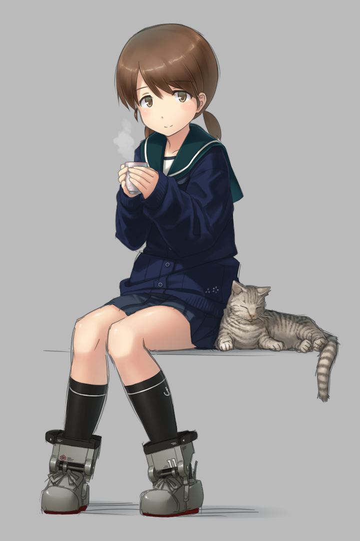 1girl black_legwear blue_skirt blush brown_eyes brown_hair cat cup hayashi_naoji kantai_collection kneehighs looking_at_viewer low_twintails pleated_skirt sailor_collar school_uniform serafuku shirayuki_(kantai_collection) short_twintails simple_background sitting skirt smile teacup twintails winter_clothes