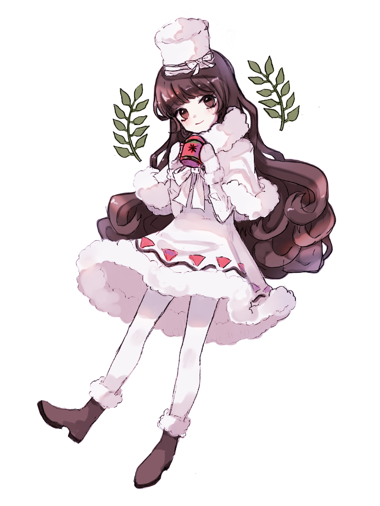 1girl bangs blunt_bangs blush bow brown_eyes brown_hair capelet cocoa_cookie cookie_run cup curly_hair dress full_body gloves hat hat_bow isamu_(gaioo0303) mug pantyhose smile snowflake_print solo white_dress white_gloves white_legwear