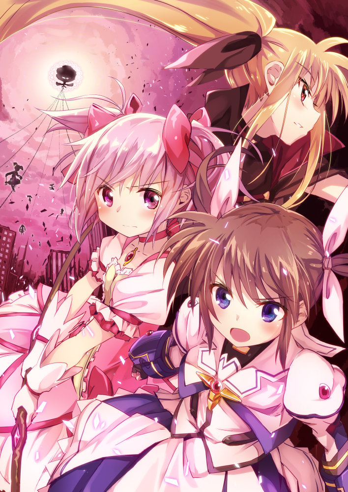 3girls blonde_hair blue_eyes blush bow bow_(weapon) brown_hair bun150 choker crossover fate_testarossa female gloves hair_bow hair_ribbon kaname_madoka long_hair lyrical_nanoha magical_girl mahou_shoujo_lyrical_nanoha mahou_shoujo_madoka_magica multiple_girls open_mouth pink_eyes pink_gloves pink_hair red_eyes ribbon short_hair short_twintails takamachi_nanoha twintails very_long_hair walpurgisnacht_(madoka_magica) weapon