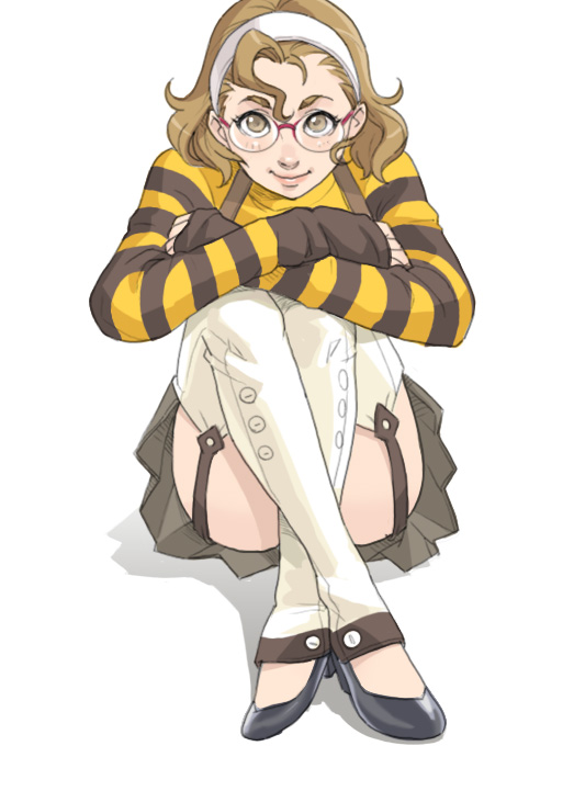 1girl alicuu_girls:_bahamut bangs brown_eyes brown_hair detached_leggings garter_straps glasses hairband leg_hug maou_alba original purin-ko rimless_glasses round_glasses shoes sitting skirt smile solo striped thigh-highs white_legwear