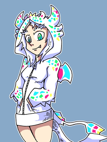 1girl alternate_costume animal_hood aqua_eyes blue_background bottomless dark_souls dragon_girl dragon_horns dragon_tail fang hands_in_pockets hood hoodie horns long_hair long_sleeves outline priscilla_the_crossbreed setz simple_background smile souls_(from_software) tail white_hair zipper