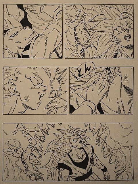 2boys aura blonde_hair chop dragon_ball dragon_ball_z dragon_ball_z_kami_to_kami hakaishin_bills lee_(dragon_garou) long_hair male_focus monochrome multiple_boys nib_pen_(medium) open_mouth parody smoke son_gokuu style_parody toriyama_akira_(style) traditional_media