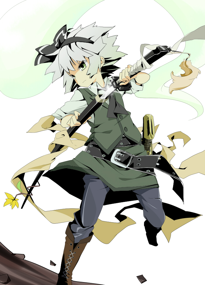 bad_id belt boots green_eyes grey_hair hairband hitodama konpaku_youmu konpaku_youmu_(ghost) la-do sheath solo sword touhou unsheathing weapon