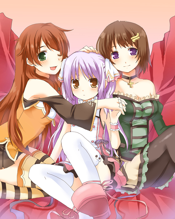 blue_hair blush bob_cut brown_eyes brown_hair choker cross detached_sleeves green_eyes hand_holding holding_hands hug kurot long_hair multiple_girls orange_hair original pantyhose purple_eyes purple_hair shoes short_hair striped striped_legwear striped_thighhighs thigh-highs thighhighs violet_eyes wink